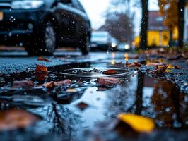 small puddle formed melting snow shows ripples from falling droplets while reflecting bare branches above. Colorful leaves rest nearby enhancing tranquil outdoor scene photo
