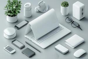 sophisticated isometric view showcases customizable laptop sleeve alongside various tech accessories all arranged on neutral grey background highlighting style and functionality photo