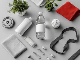 sports water bottle in isometric view sits prominently customizable label. Surrounding gym gear highlights active lifestyle against simple gray background photo