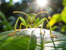 close up reveals emerald green beetle moving on leaf. Its shiny shell reflects diffused sunlight while garden forms blurred backdrop in summer afternoon photo