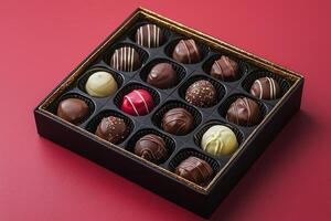 professional flat design mockup displays box of chocolates customizable wrappers. box is partially open revealing assortment of delicious chocolate treats on vibrant red background photo