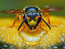 wasp is seen up close sipping from tiny droplet resting on flower petal. Its shiny exoskeleton reflects surrounding natural light creating striking visual against green background photo