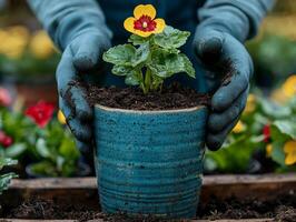 Hands in gardening gloves gently add soil around small flowering plant in ceramic pot. Brightly colored plants surround serene gardening activity on wooden bench photo