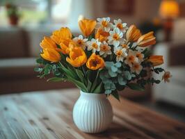 Close up view of minimalist spring bouquet arranged in white ceramic vase. bouquet consists of vibrant tulips and cheerful daffodils complemented green eucalyptus photo