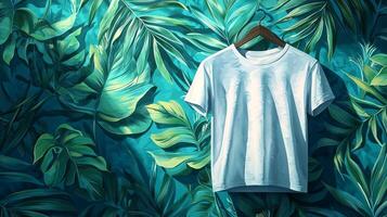 mockup showcases blank T shirt elegantly hanging on hanger surrounded array of tropical leaves create lush and vibrant atmosphere perfect for design presentations photo