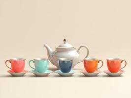 stylish tea set featuring teapot and four colorful teacups is displayed on soft beige background. branding is left blank emphasize design photo