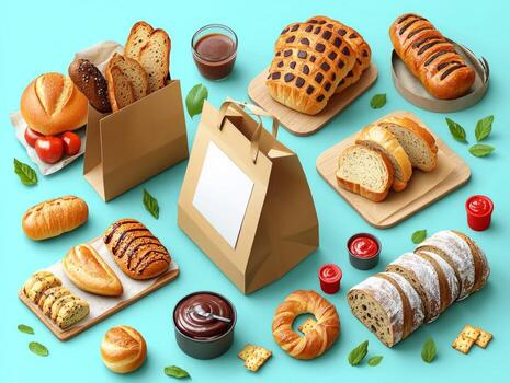 Bright isometric view displays professional mockup of blank paper bags surrounded various fresh breads and pastries on vibrant background enhancing food presentation photo