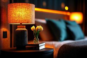 bedside table showcases small vase filled green branches and white tulips next stack of books and linen lamp. warm light enhances cozy feel of space photo