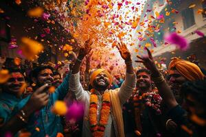 vibrant group celebrates Holi in traditional attire surrounded blooming trees joyfully tossing colored powders into air creating festive atmosphere of happiness photo