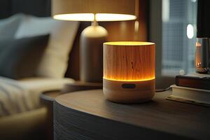 stylish smart speaker sits on bedside table surrounded soothing decor. warm lamp glows nearby creating calming ambiance in cozy bedroom setting photo