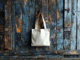 professional flat design mockup showcases blank tote bag hanging prominently against rustic wooden wall. wooden surface features array of colors and textures photo