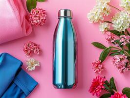 artwork features reusable water bottle in isometric view surrounded colorful workout gear and fresh flowers all set against vibrant pink background ideal for branding photo