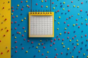 striking flat design mockup features blank calendar suspended on vibrant blue wall. Colorful push pins and notes embellish background creating organized and eye catching look photo