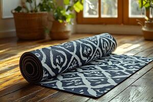 customized yoga mat lays rolled out on polished wooden floor. Sunlight streams through large windows casting warm glow and enhancing peaceful atmosphere of room photo