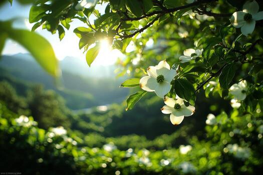 Delicate dogwood flowers pale white petals and subtle green hints are illuminated diffused light in tranquil forest. background features deep shadows and lush foliage photo