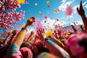 Group of friends joyfully celebrates Holi adorned in traditional attire playfully tossing colorful powder beneath flowering trees on bright day photo