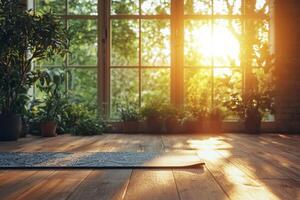 yoga mat unique design is rolled out on wooden floor illuminated warm sunlight streaming through large windows creating serene indoor atmosphere lush plants nearby photo