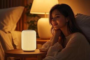professional flat design mockup showcases smart speaker on bedside table in cozy bedroom. warm lamp light creates inviting atmosphere emphasizing customizable branding photo