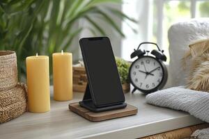 customizable phone stand is showcased on nightstand alongside two lit candles and round clock creating cozy and stylish ambiance perfect for any room photo