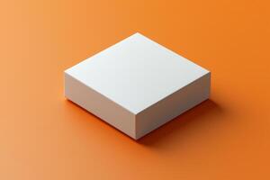 detailed view of customizable packaging box presented in isometric format. vibrant orange backdrop enhances design soft shadows adding depth and professionalism photo
