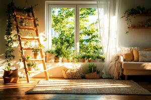 Spring ladder featuring ivy and pastel flowers stands in bright whitewashed room filled plants creating lively inviting atmosphere enhanced soft sunlight photo