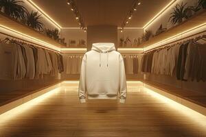 design displays clean and simplistic hoodie hanging on clothing rack within well lit boutique. stylish atmosphere enhances appeal of garment showcasing its design potential photo