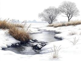 tranquil stream winds through serene forest blanketed in snow. Delicate line art captures flow of water grassy patches and frosty trees. Subtle shades enhance peaceful atmosphere photo