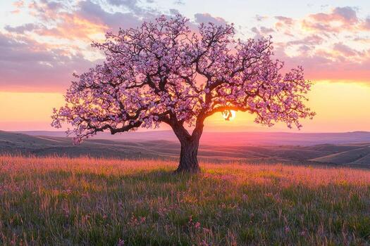 stunning display of Japanese plum tree in full bloom pink and white flowers glowing golden hour light. Dark branches create beautiful contrast in serene setting photo