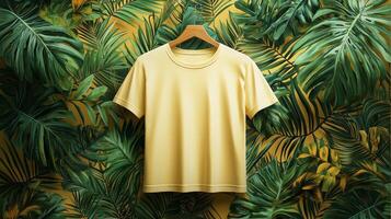 Blank yellow T shirt is prominently showcased on wooden hanger. backdrop features lush arrangement of tropical leaves adding lively touch photo