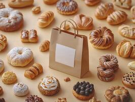 professional flat design mockup features blank branding paper bag centrally placed amidst array of fresh bread and pastries. setting highlights delightful assortment of baked goods photo