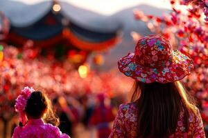 Family members stroll hand in hand through vibrant park adorned blooming peach trees and festive decorations enjoying beautiful day outdoors photo