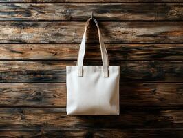 Professional flat design mockup of blank tote bag hanging on rustic wooden wall providing clean space for branding and design ideas in warm setting photo