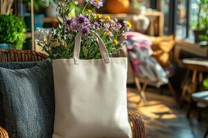 Bright and colorful room shows canvas tote bag hanging on chair filled blooming flowers. warm ambiance highlights stylish design and natural elements of space photo