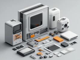 Displaying professional flat design mockup of tech gadget box featuring customizable graphics. Surrounding accessories and instruction booklets enhance presentation photo