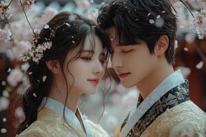 couple dressed in traditional hanboks shares tender moment while capturing selfie gorgeous cherry blossom trees surrounded soft pink petals creating magical atmosphere photo