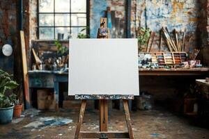 In vibrant artist studio blank canvas stands on easel amidst scattered paintbrushes and watercolor palettes inviting creativity and artistic exploration in inspiring space photo