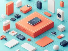 Tech gadget box displayed in isometric view features customizable graphics and is surrounded various accessories and instruction booklets. setup highlights modern tech design and photo