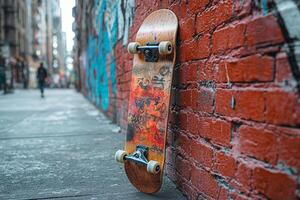skateboard deck vibrant abstract graphics is propped against colorful brick wall featuring graffiti. urban environment sets creative backdrop for design photo