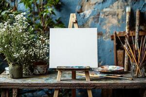 blank canvas sits prominently on easel amidst various paintbrushes and watercolor palettes creating inviting artist studio atmosphere. Greenery and textured walls add charm photo