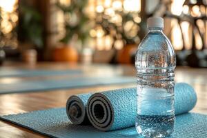 branded water bottle rests on gym bench next neatly rolled yoga mat and towel. setting is bright fitness studio inviting activity and wellness photo