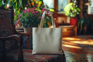 canvas tote bag hangs on chair its neutral color contrasting blooming flowers peek from top. vibrant and colorful room creates cheerful atmosphere photo