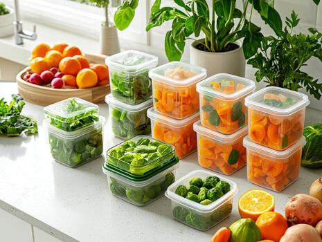 Set of food containers customizable lids arranged neatly on countertop fresh fruits and vegetables surrounding them. is bright and inviting kitchen setting ideal for meal prep photo