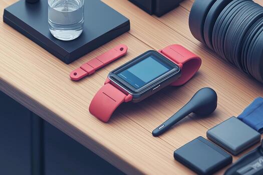 Display of fitness tracker resting on gym bench surrounded exercise equipment and water bottle showcasing professional flat design in isometric view photo