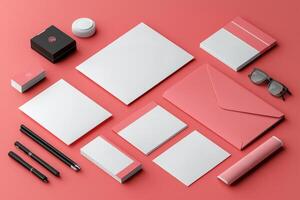 well arranged collection of stationery items including letterhead envelope business card and additional materials set against coral background in professional isometric style photo