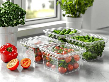 colorful set of food containers customizable lids is displayed on sleek countertop alongside vibrant fruits and vegetables creating fresh and appealing atmosphere for meal prep photo