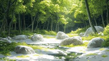 tranquil forest showcases patches of melting snow alongside clear streams vibrant green grass emerging and soft sunlight pouring through foliage creating peaceful atmosphere photo