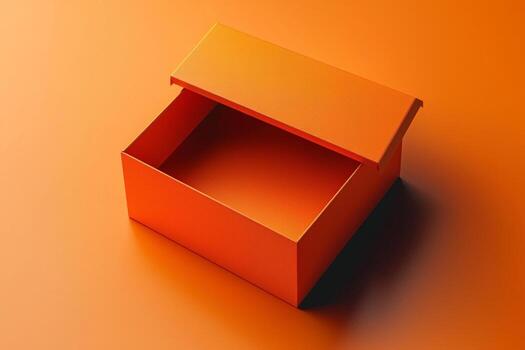 diseño vitrinas isométrica ver de abierto embalaje caja presentando personalizable lados eso se sienta en vibrante naranja fondo destacando plano diseño estilo y suave oscuridad foto