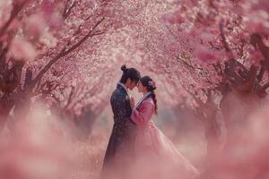 couple dressed in traditional Korean hanboks embraces while taking selfie canopy of pink cherry blossoms creating romantic and dreamy atmosphere in springtime photo