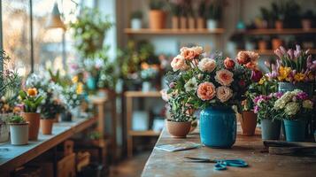 craft table showcases beautifully arranged spring decorations floral arrangements ribbons and scissors. Soft sunlight pours in through window enhancing creative atmosphere photo