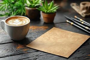 Top down view features notepad customizable cover art placed next cup of coffee and pens on rustic wooden desk. Coffee stains add character workspace photo
